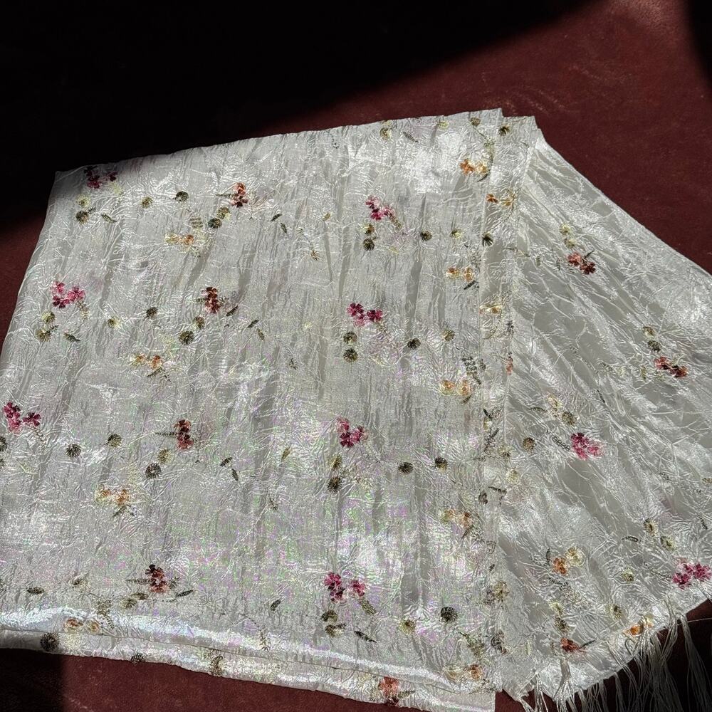 Floral Silk Blend Scarf White Embroidered Fringe Wrap Lightweight Shawl 62”x 24”
